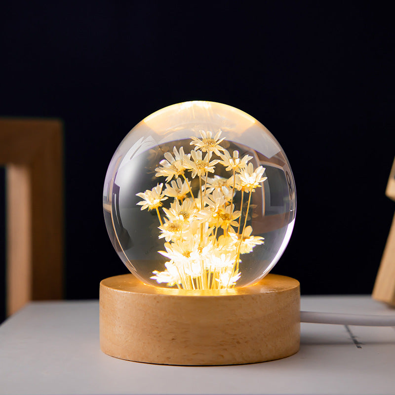 LED Night Light Flower Crystal Ball  With Woodern Base