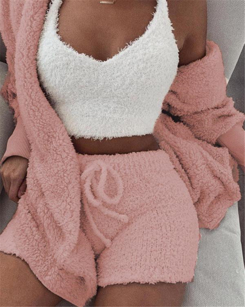 3pcs Long Sleeve Shorts Pajama Set Velvet