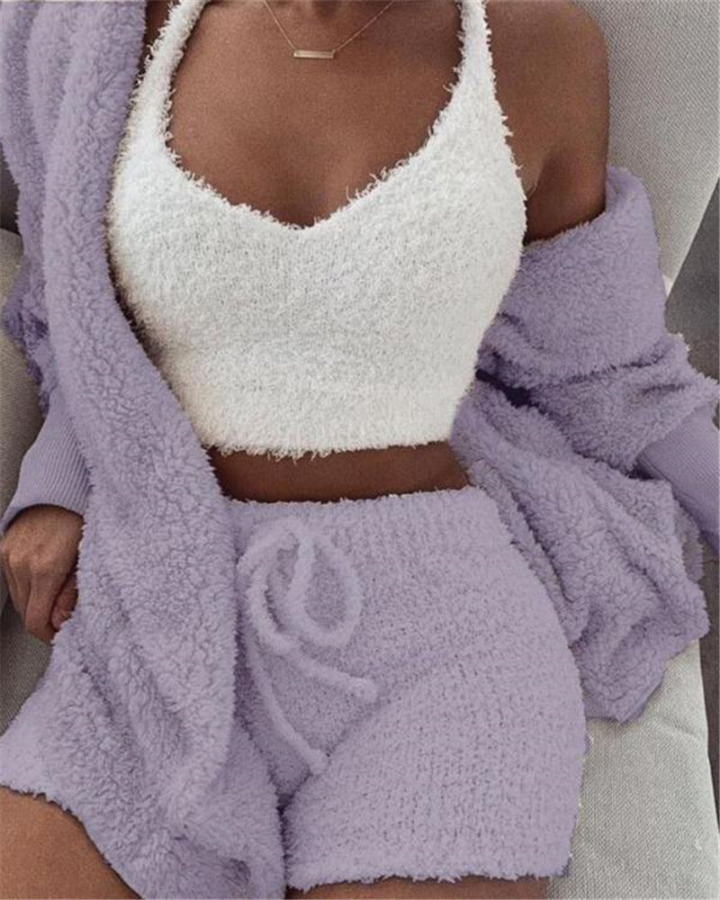 3pcs Long Sleeve Shorts Pajama Set Velvet