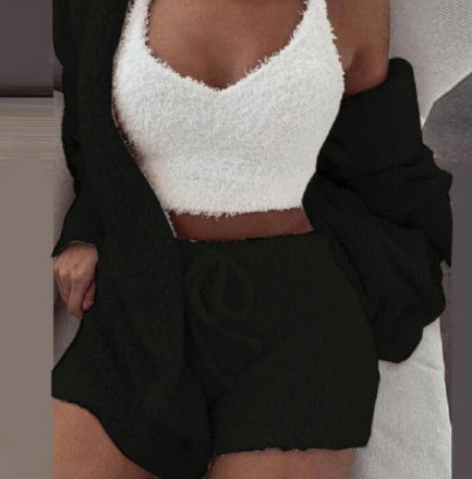 3pcs Long Sleeve Shorts Pajama Set Velvet