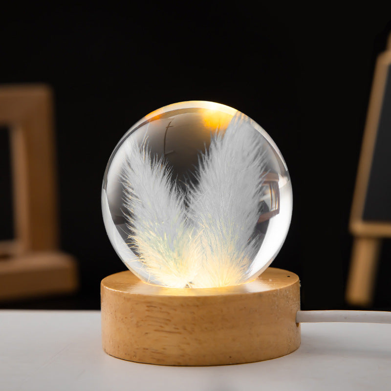 LED Night Light Flower Crystal Ball  With Woodern Base