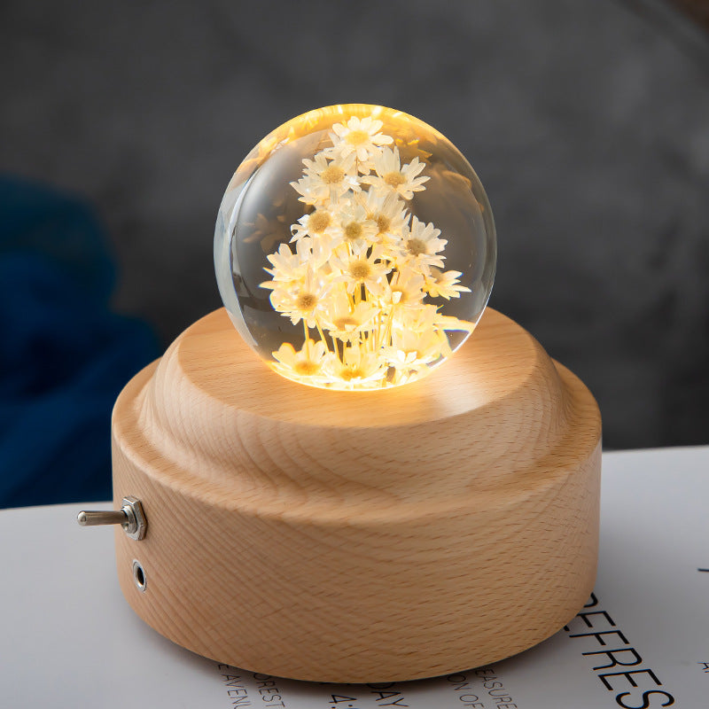 LED Night Light Flower Crystal Ball  With Woodern Base