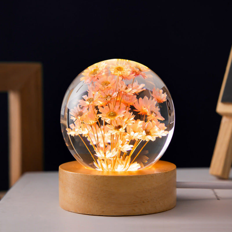 LED Night Light Flower Crystal Ball  With Woodern Base