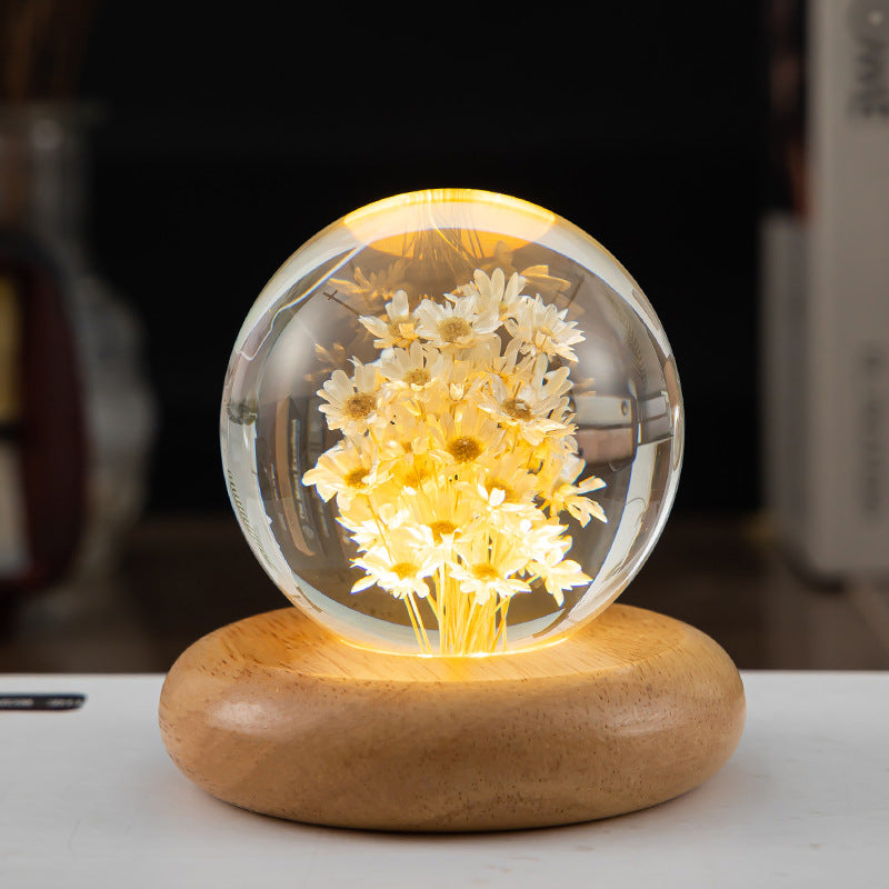 LED Night Light Flower Crystal Ball  With Woodern Base