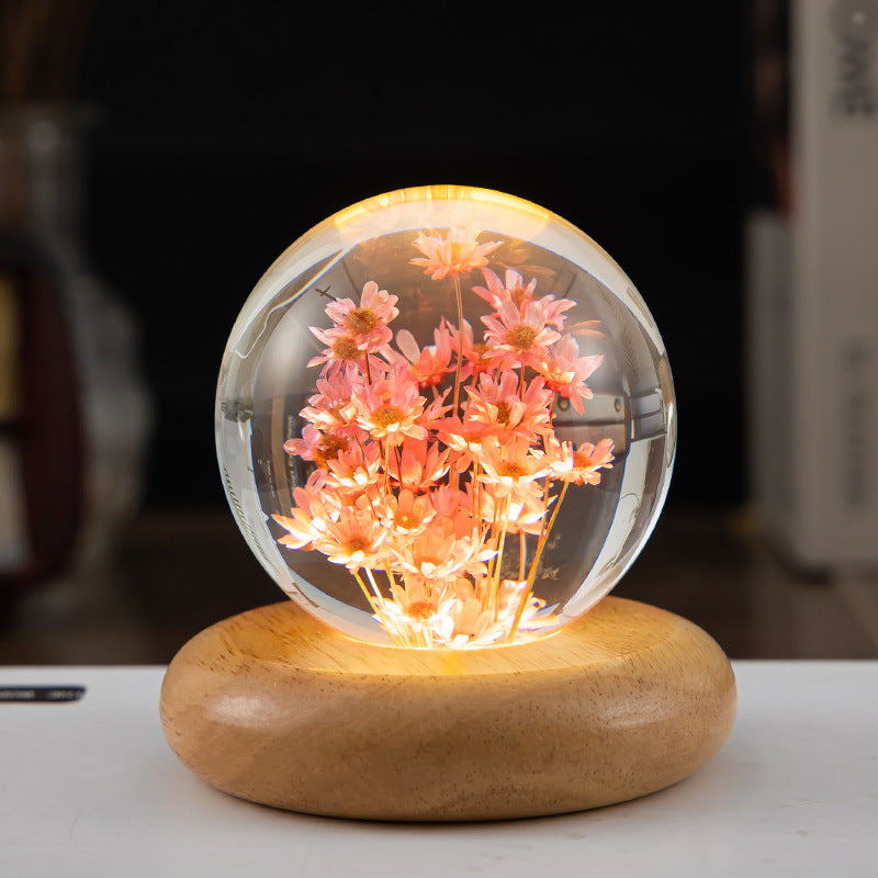 LED Night Light Flower Crystal Ball  With Woodern Base