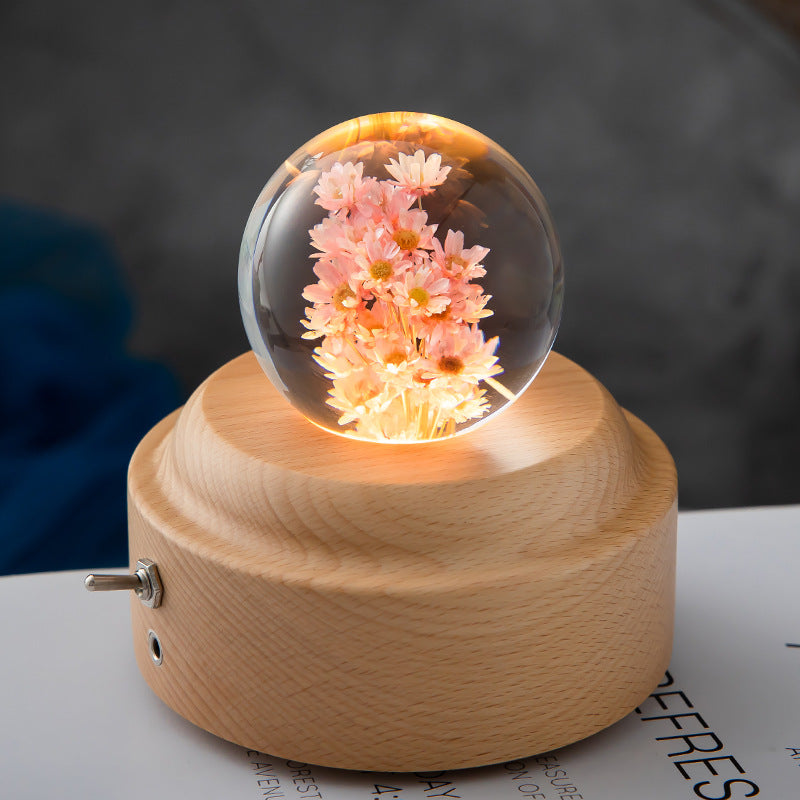 LED Night Light Flower Crystal Ball  With Woodern Base