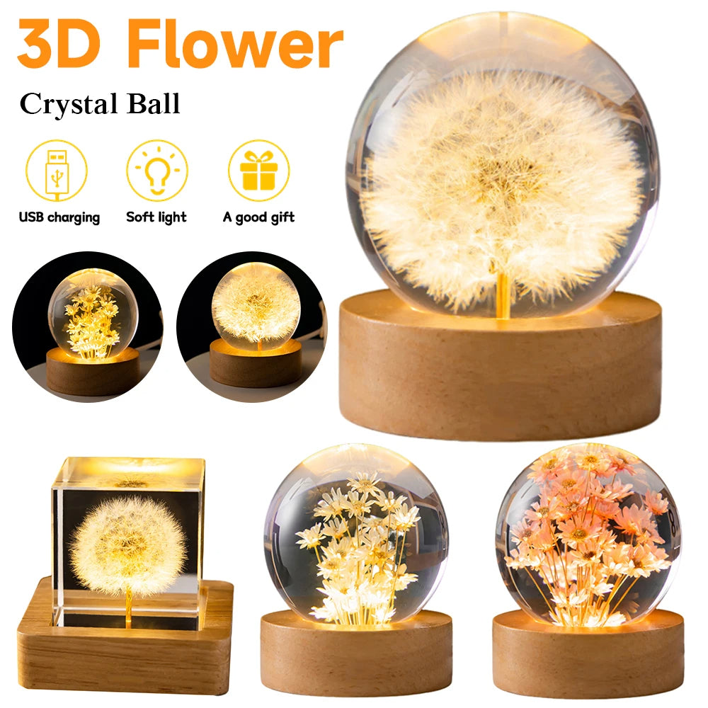 LED Night Light Flower Crystal Ball  With Woodern Base