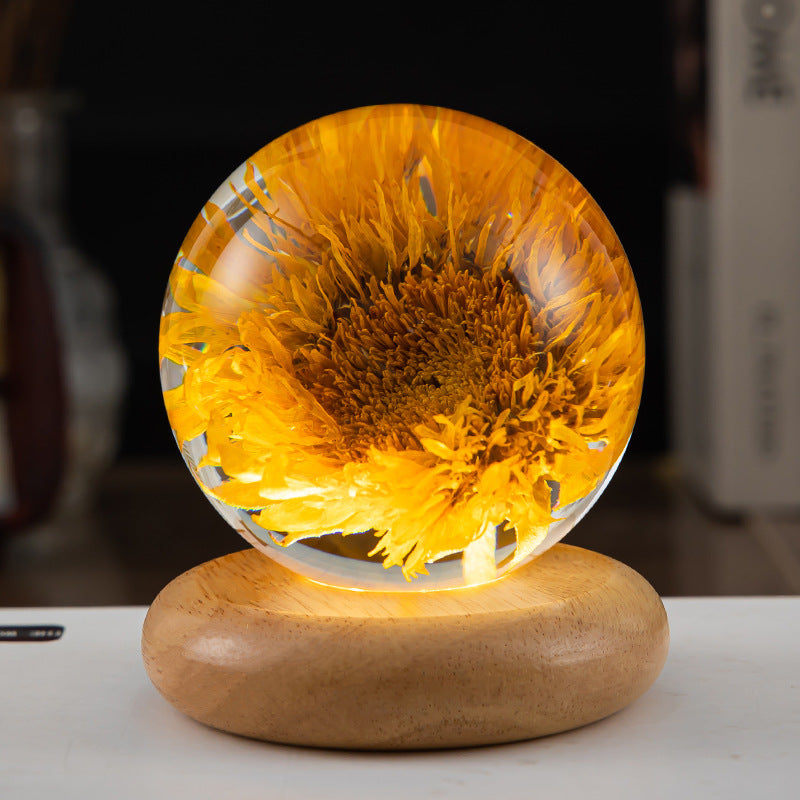 LED Night Light Flower Crystal Ball  With Woodern Base