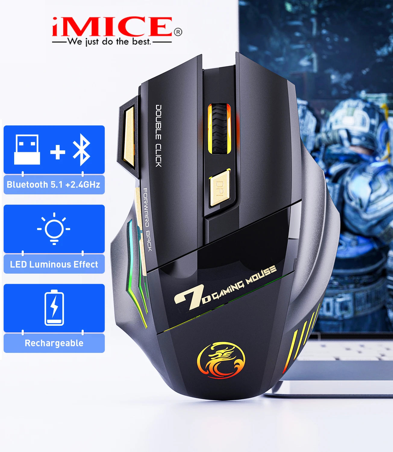 USB Gaming Mice Bluetooth Rechargeable With Light